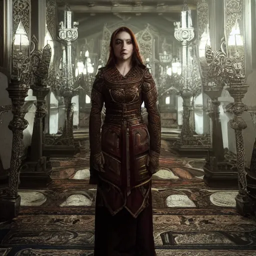 Image similar to the elder scrolls vi, charismatic regal brunette female jarl, portrait, throne room, atmospheric lighting, painted, intricate, volumetric lighting, beautiful, daytime, sunny weather, slight overcast, sharp focus, deep colours, ultra detailed, by leesha hannigan, ross tran, thierry doizon, kai carpenter, ignacio fernandez rios