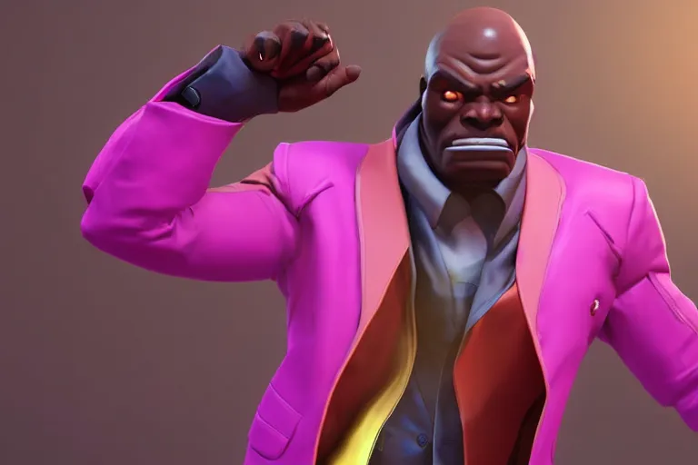 Image similar to doomfist, pink blazer, overwatch game, digital art, high detailed, artstation, 3 d render