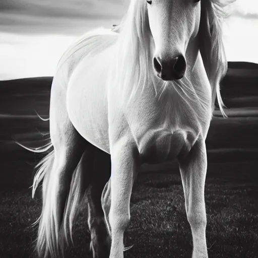 Prompt: a photo of a beautiful white horse with long curly hair
