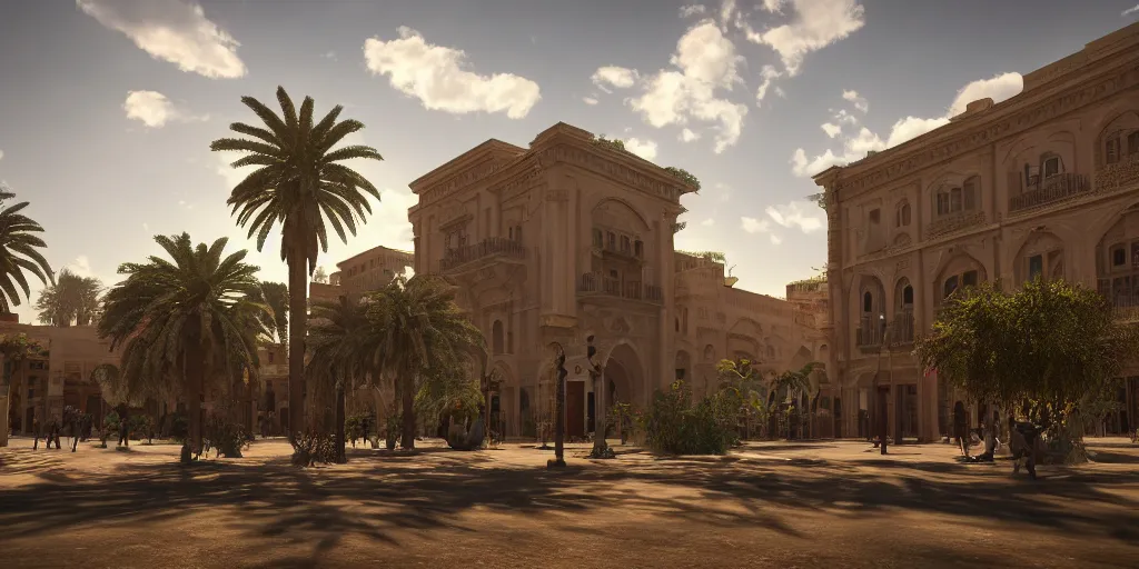 Image similar to khedival opera house, talaat Harb Square cairo, epic wide shot in unreal engine 5, beautiful clouds, dappled afternoon sunlight, acacia trees, date palm trees, shrubs, flowers, 4k, colorful, octane render, artstation