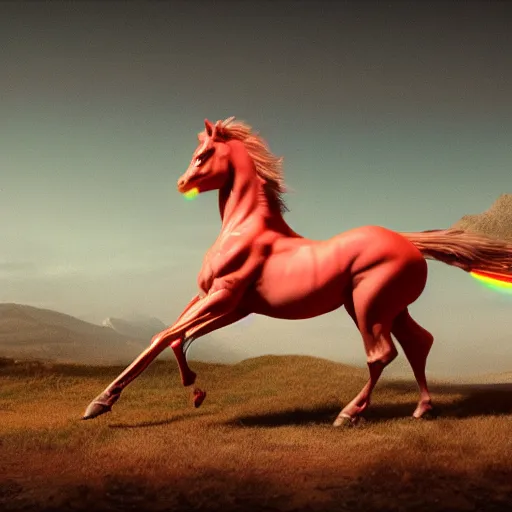 Prompt: anatomically accurate neon digital fantasy horse by Eadweard Muybridge reimagined by industrial light and magic, digital screenshot, trending on artstation