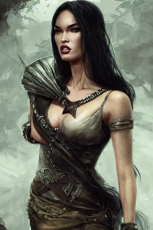 Prompt: megan fox as a heroine with a dress inspired by the witcher, digital painting, artstation, concept art, smooth, sharp focus, illustration, in-frame, centered, art by artgerm and donato giancola and Joseph Christian Leyendecker, Ross Tran, WLOP