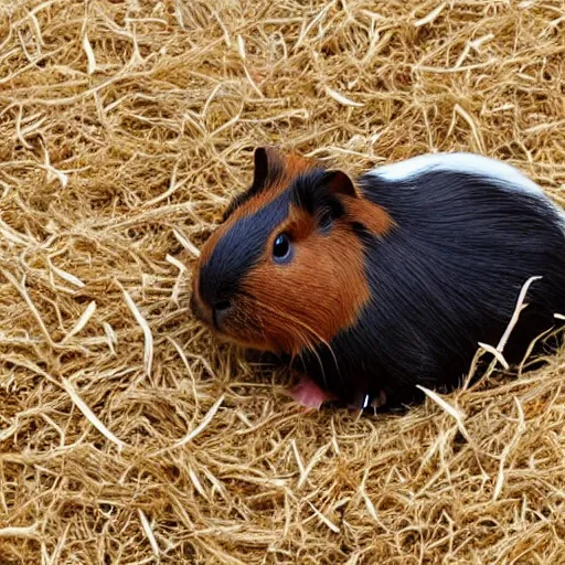 Image similar to a guinea pig wearing white wings, flying in a field of hay
