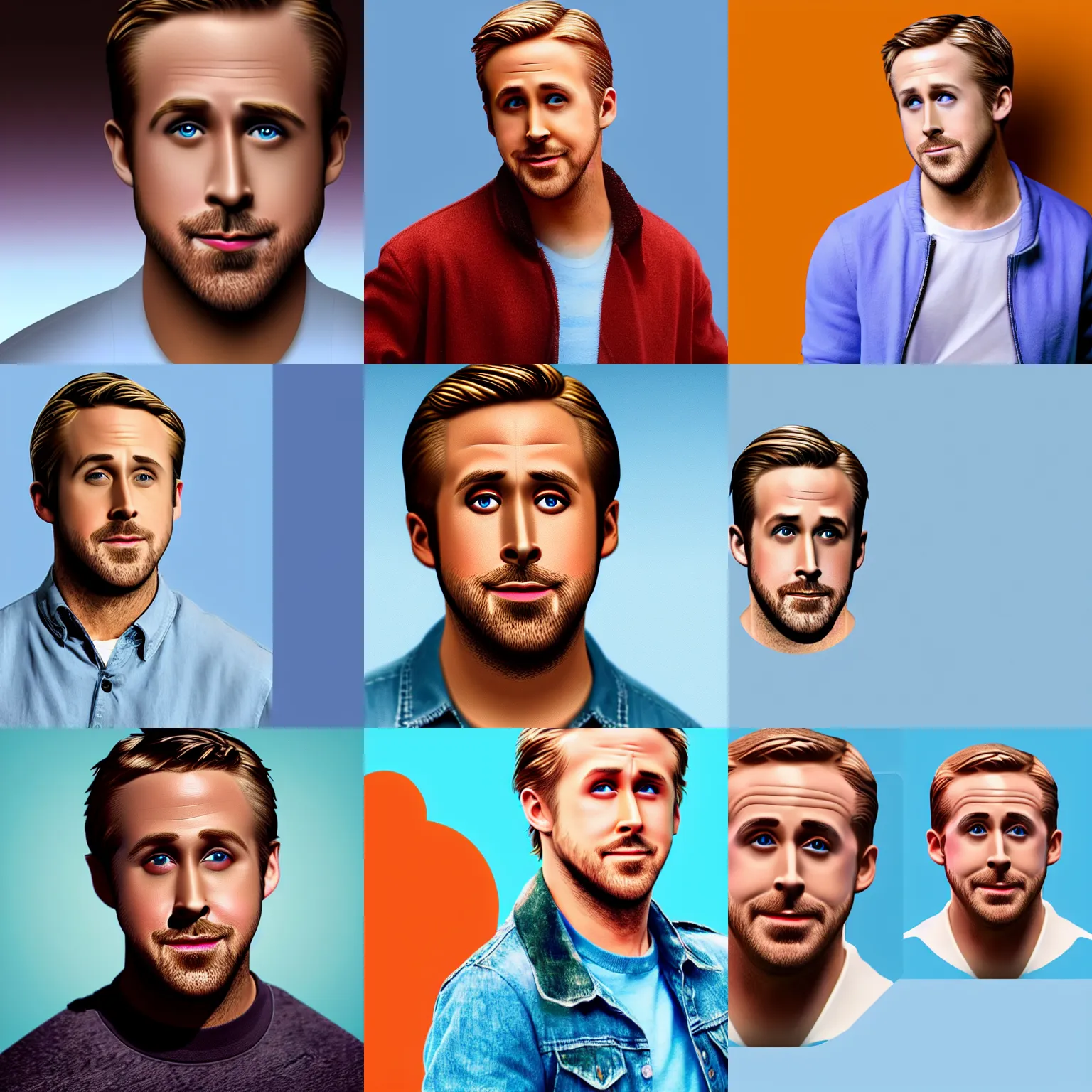 Prompt: an emoji of Ryan Gosling that clay render, 4k UHD, light blue background, isometric top down left view, diffuse lighting, zoomed out very far