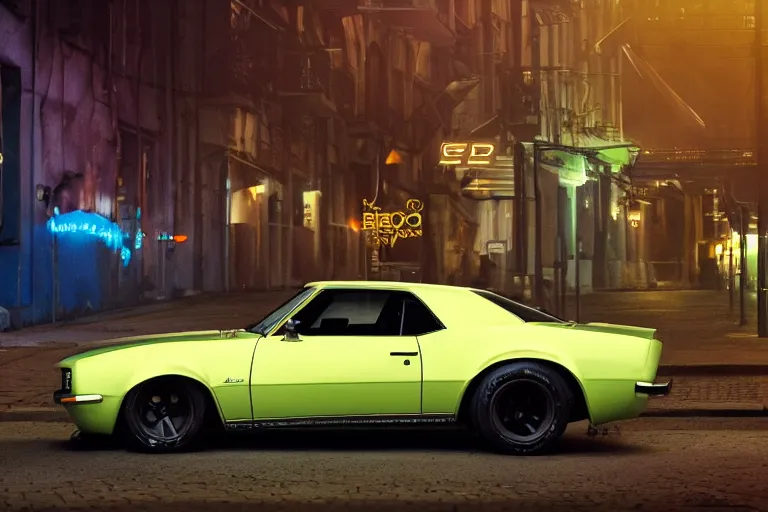 Image similar to widebody audi camaro b 1 ( 1 9 6 9 ), need for speed : carbon, at night, sci - fi, neon lines, lviv historic centre, phonk music background, smoke behind wheels, noise, dark, establishing shot, by simon stalenhag