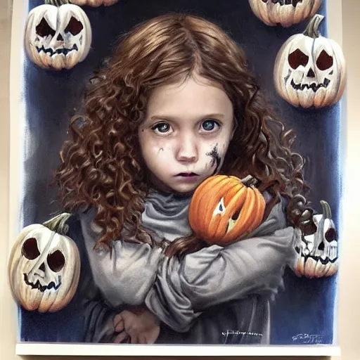 Image similar to a cute little girl with light brown wavy curly hair and blue eyes sitting amidst piles of skulls and pumpkins. beautiful cute highly detailed face. spooky halloween themed painting by artgerm and greg rutkowski and magali villanueve.
