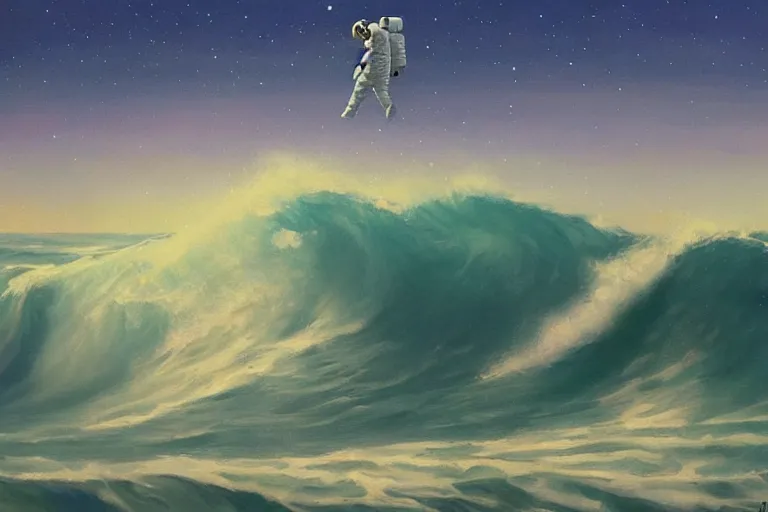 Prompt: an astronaut surfing waves in Jupiter ocean, beautiful, national geographic, very detailed, astrophotography, oil painting, canvas, Sandra Pelser, Jeff Lyons, Edward Hopper