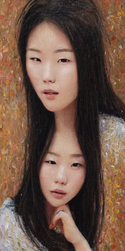 Image similar to beautiful highly detailed and expressive oil painting of a korean woman's face formed by petals, masterpiece, dynamic lighting,