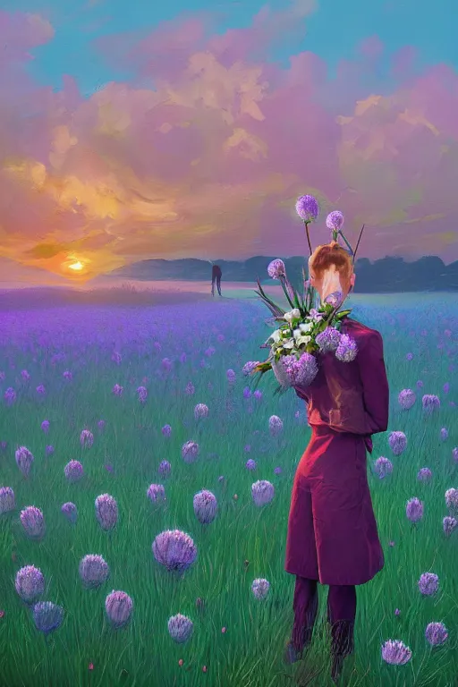 Prompt: portrait, large thistle flower under head, a girl in a suit in field of flowers, surreal photography, sunrise, blue sky, dramatic light, impressionist painting, digital painting, artstation, simon stalenhag