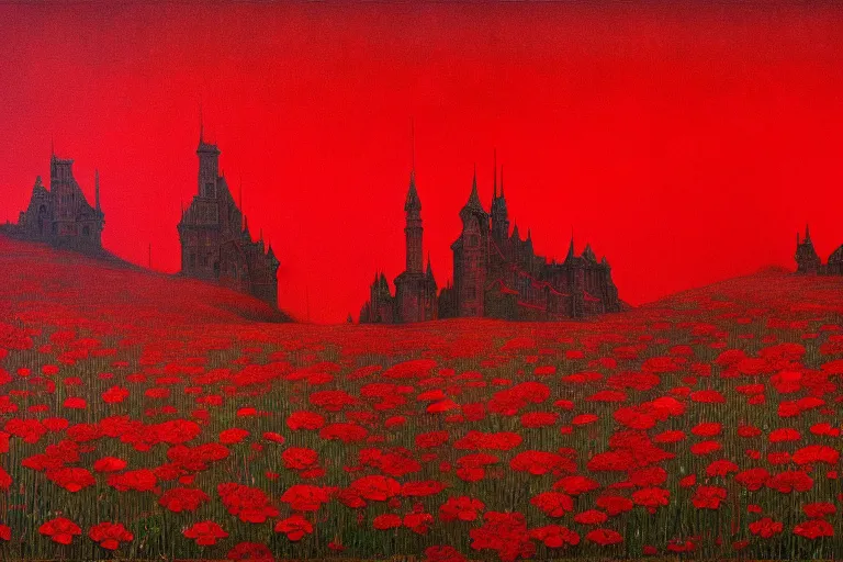 Image similar to only with red, red flowers of different types, red castle in background, red medieval goblins, in the style of beksinski, parts by edward hopper, parts by rodcenko, parts by yue minjun, intricate and epic composition, red by caravaggio, insanely quality, highly detailed, masterpiece, red light, artstation, 4 k