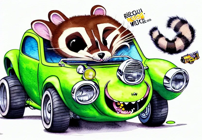 Image similar to cute and funny, racoon riding in a tiny hot rod coupe with oversized engine, ratfink style by ed roth, centered award winning watercolor pen illustration, isometric illustration by chihiro iwasaki, edited by range murata