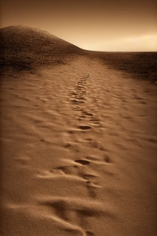 Image similar to walking down a single path in a desert, dream, tonemapped, sepia, photorealistic