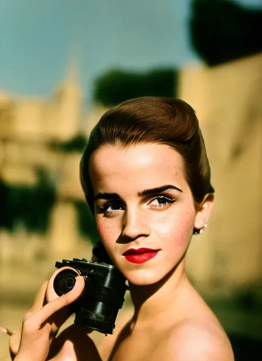 Prompt: Retro color photography 1940s portrait Hollywood headshot of Emma Watson Cinestill 800T, 1/2 pro mist filter, and 65mm 1.5x anamorphic lens