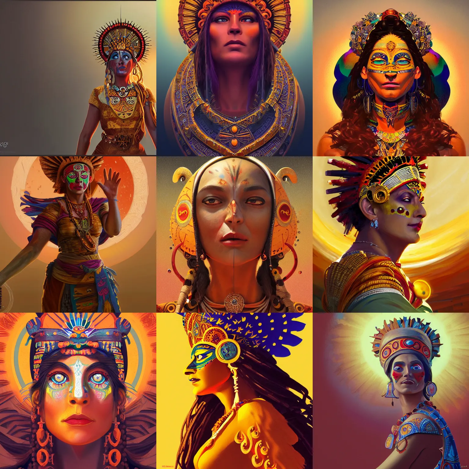 Prompt: aztec sun goddess, centered painted portrait, face of mad pulcinella, gloomhaven, matte painting concept art, art nouveau, beautifully backlit, swirly vibrant color lines, muted and dull colors, aesthetic octane render, 4 k 8 k hd resolution, by ilya kuvshinov and cushart krentz and gilleard james