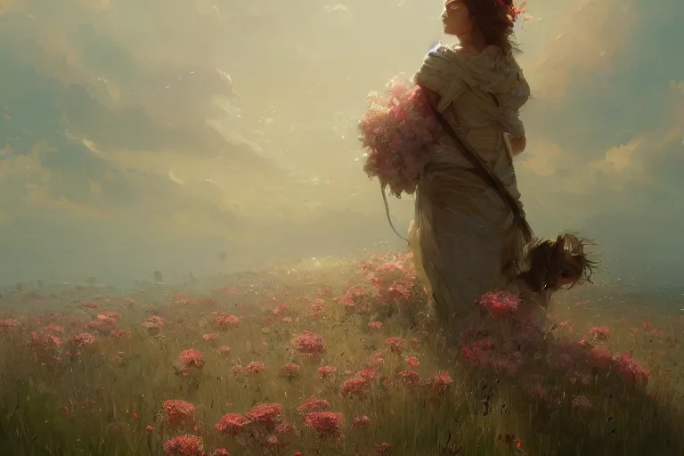 Image similar to a beautiful painting of the sea of flower, boy, girl, by greg rutkowski, trending on artstation