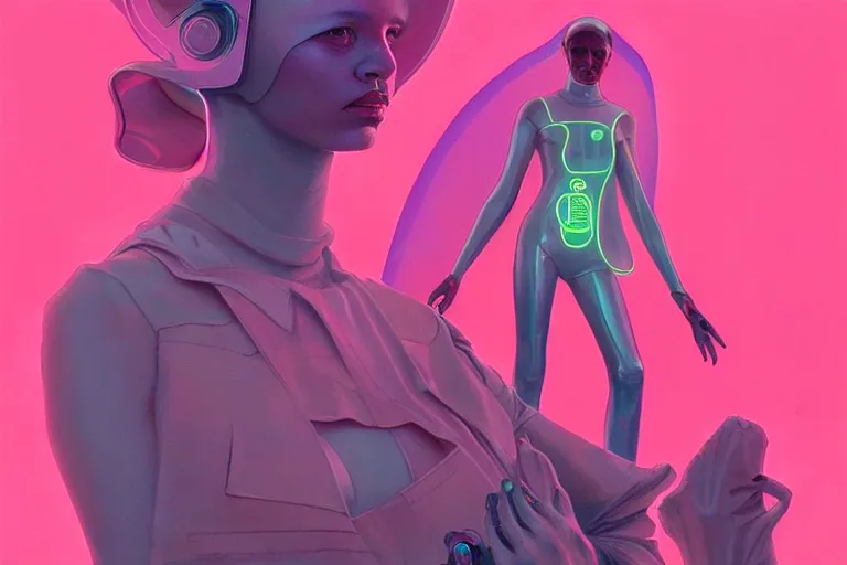 Image similar to patron saint of 🛸🌈👩🏾, futuristic clothing, pink background, warped gravity, neon god of city character portrait, in the style of moebius, wlop, tom bagshaw, and waterhouse, cinematic lighting, beautiful, elegant, oil painting,