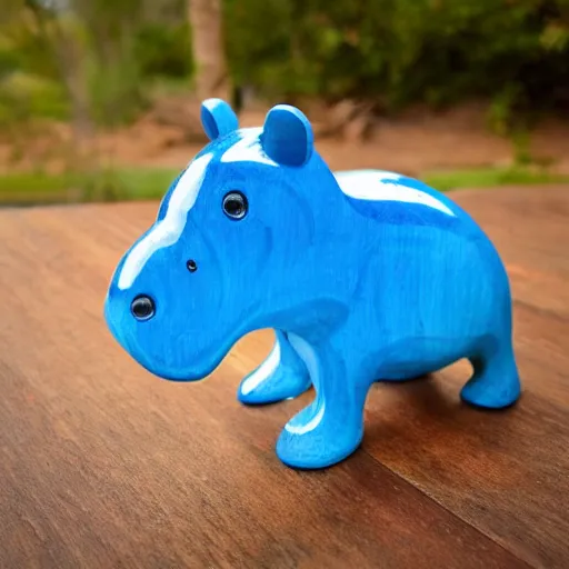 Image similar to expertly crafted etsy kids wooden hippopotamus expertly fused with blue epoxy. part of the hippo is made of blue epoxy. with a white photographers background.