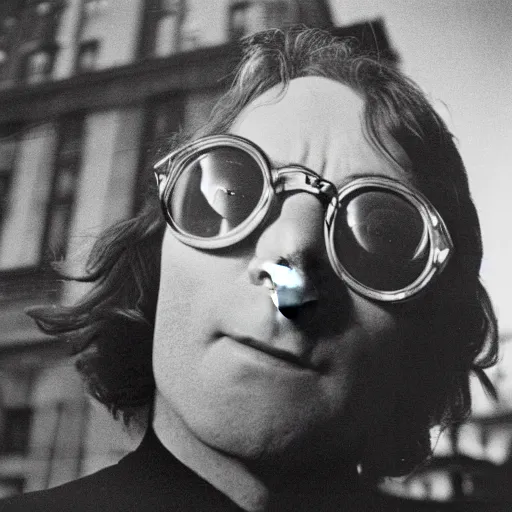 Prompt: 120mm photograph of John Lennon , Rolleiflex TLR, 1960, cigarette , sunglasses, sunset, Kodachrome, New York City,