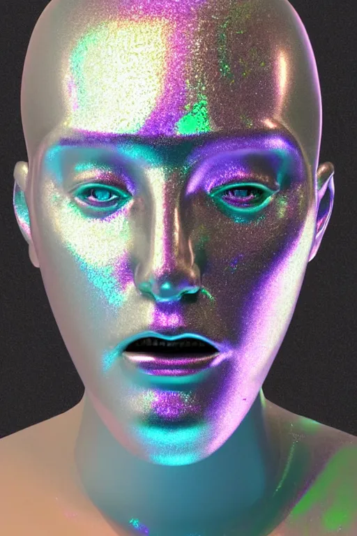 Image similar to 3d render of holographic human robotic bust made of glossy iridescent, screaming, bust, surrealistic 3d illustration of a human non-binary, non binary model, 3d model human, cryengine, made of holographic texture, holographic material, holographic rainbow, concept of cyborg and artificial intelligence