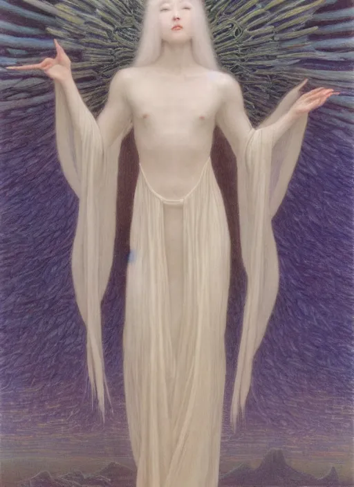 Image similar to thin young angel with silver hair, pale!, wearing robes, female goddess, flowing hair, pale smooth, young cute wan asian face, covered!!, oil on canvas by jean delville, 4 k resolution, aesthetic!,