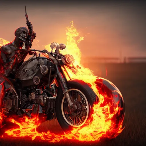 Image similar to hell raiser, field of view, depth of field, artstation, unreal 5, octane render, backlight, vfx, flames, symmetrical features, manic, true to character, epic, motorcycle, movie star, skull, - w 8 3 2