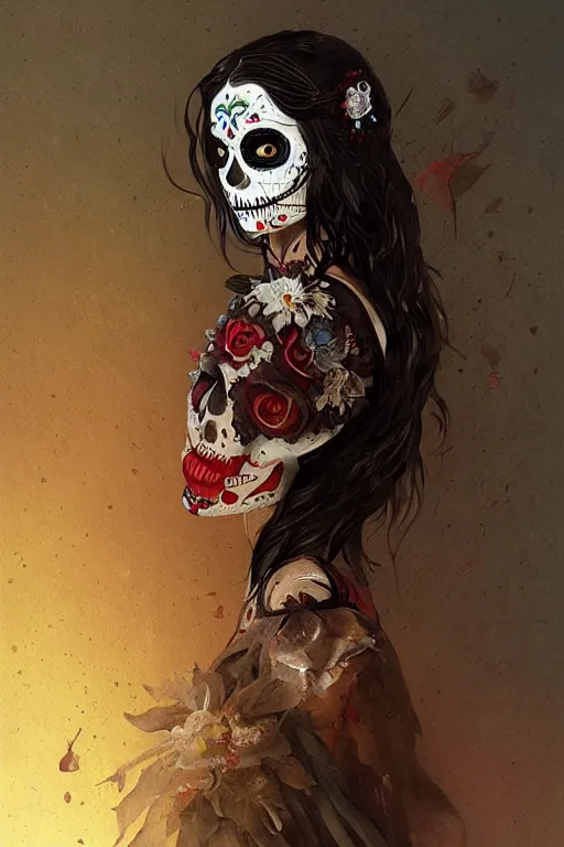 Prompt: Illustration of a sugar skull day of the dead girl, art by greg rutkowski