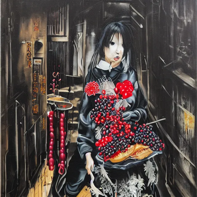 Image similar to a portrait in a dark laneway in tokyo, a woman holding pancakes, berries dripping, scientific instruments, ikebana, octopus, neo - expressionism, surrealism, acrylic and spray paint and oilstick on canvas