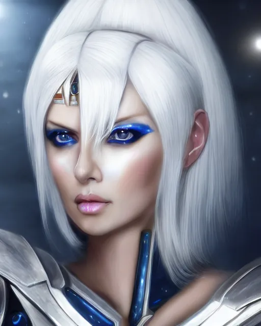 Prompt: perfect white haired attractive egyptian goddess, warframe armor, beautiful, symmetric, dreamy, half asian, pretty face, blue eyes, charlize theron, detailed, scifi platform, laboratory, experiment, 4 k, ultra realistic, epic lighting, android body, illuminated, cinematic, masterpiece, art by akihito tsukushi, voidstar