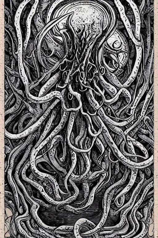 Prompt: ancient eldritch horror cthulhu, mind flayer, illithid, concept art, digital art, tarot card, highly detailed, ornate border, in the style of dungeons and dragons