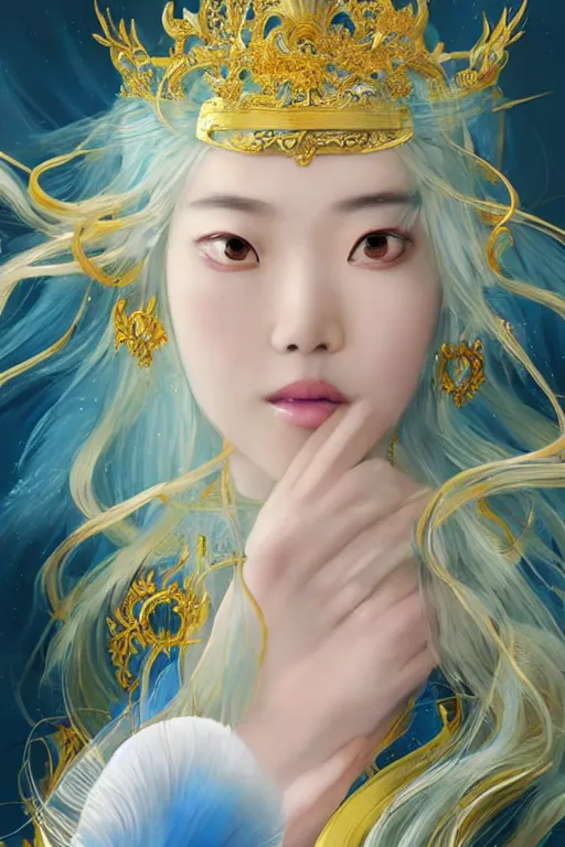 Image similar to a beautiful young asian woman, Queen of the Sea Mu Yanling, long flowing white hair, blue yellow robe with wide feather like quality, water flowing and floating around, young female face, liquid magic, cinematic top lighting, insanely detailed and intricate, face by wlop, Charlie Bowater, golden ratio, symmetric, elegant, ornate, luxury, elite, matte painting, MTG, magic the gatheing, cinematic, cgsociety, 8k, high resolution,