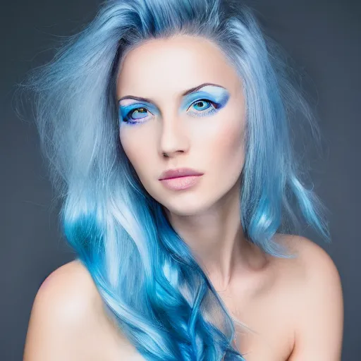 Image similar to A beautiful portrait of a woman with iridescent skin and blue hair and blue eyes