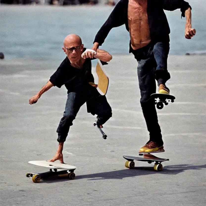 Image similar to Michel Foucault skateboarding at Venice Beach, 1980 street photography color