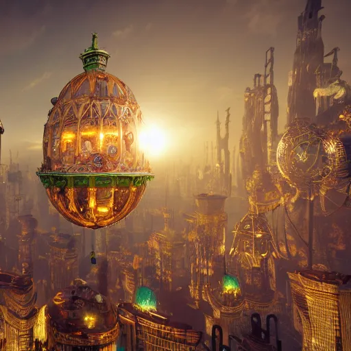 Image similar to enormous flying city in a faberge egg, sky, steampunk, fantasy art, masterpiece, unreal engine 5