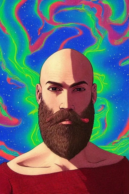 Prompt: a colorful closeup portrait of a beautiful young bald man with a very long wild beard dreaming psychedelic hallucinations in the vast icy landscape of antarctica, by kawase hasui, moebius and edward hopper, colorful flat surreal design, hd, 8 k, artstation