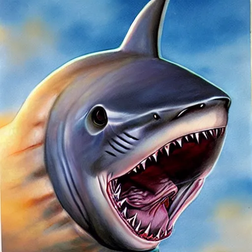 Prompt: julie bell illustration of a shark, Alien mouth