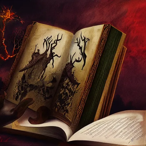 Image similar to illustration of a dark magic book, realistic painting, high definition, digital art, matte painting, very detailed, realistic