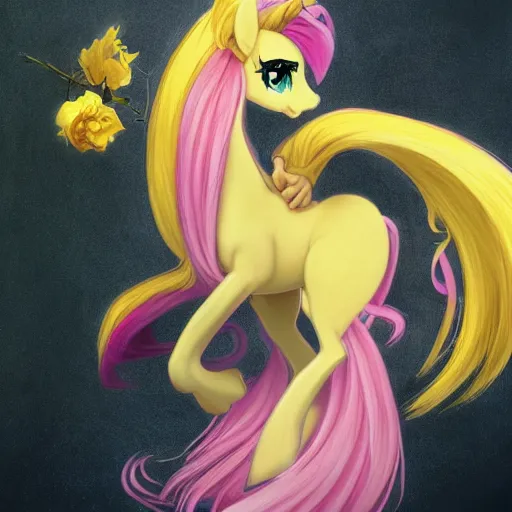 Image similar to portrait of a menacing beautiful Fluttershy, pegasus mare, short muzzle, top half of body, My Little Pony, by Stanley Artgerm Lau , greg rutkowski, thomas kindkade, alphonse mucha, loish, norman rockwell, J. C. Leyendecker. bright pink mane, yellow fur, angry complexion, beautiful detailed eyes, black rose frame. D&D, fantasy. Trending on artstation rule of thirds extremely detailed old illustration hd 4k