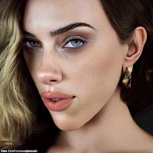 Image similar to a woman who is a genetic combination of kim kardashian and kat dennings and scarlett johansson and margot robbie and emma watson face and upper - body focus