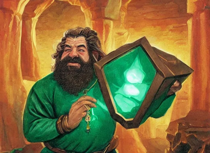 Image similar to a dwarven jeweler holding a gigantic glowing emerald. dramatic lighting. high fantasy art ( 1 9 8 7 )