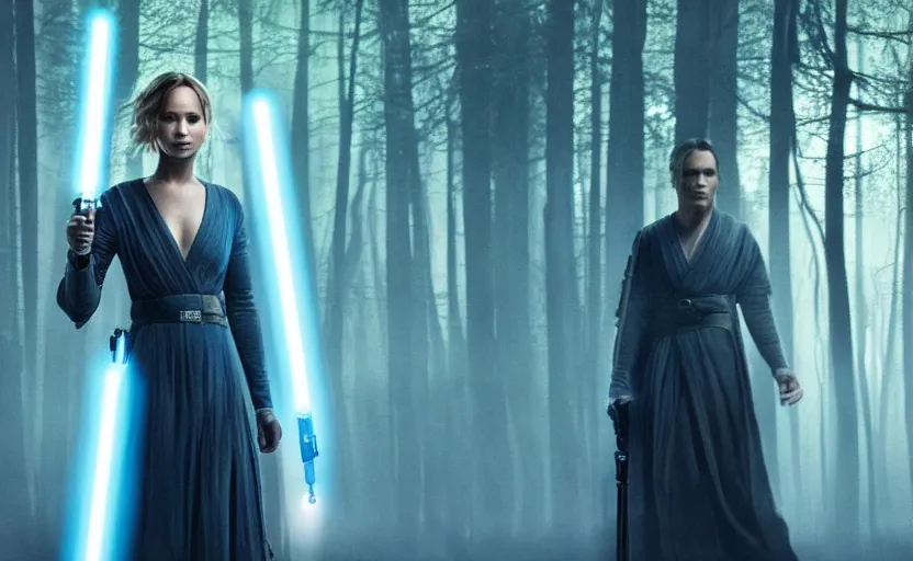 Prompt: jennifer lawrence as a jedi with a blue lightsaber in an ancient bioluminescent forest, new star wars movie poster from lucas arts, perfect symmetrical face, full moon, moody lighting, 8 k, shallow depth of field, intricate detail,