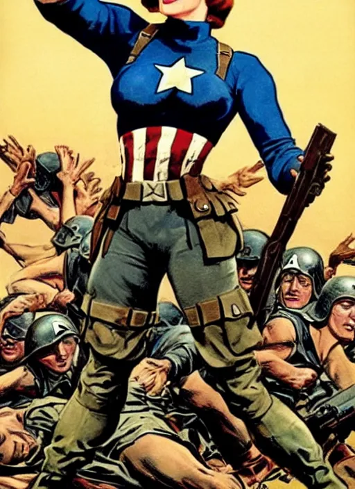 Image similar to beautiful female captain america standing on a pile of defeated german soldiers. feminist captain america wins wwii. american wwii propaganda poster by james gurney