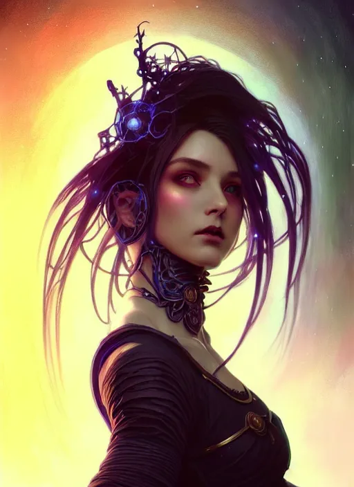 Image similar to a beautiful cinematic female Necromancer Sorceress, galatic shamen with Quantum energy fantasy, fantasy magic, undercut hairstyle, dark light night, intricate, elegant, sharp focus, illustration, highly detailed, digital painting, concept art, matte, art by WLOP and Artgerm and Greg Rutkowski and Alphonse Mucha, masterpiece