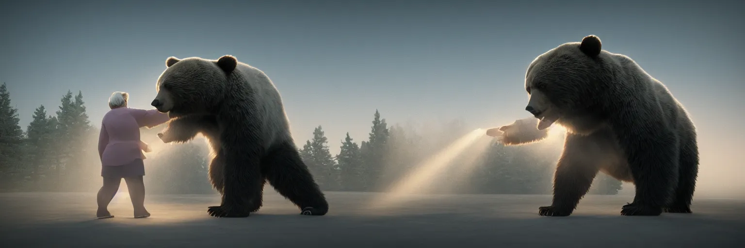 Image similar to an old woman fighting a bear, octane render, crepuscular rays