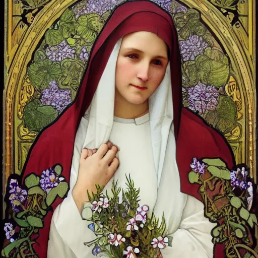 Image similar to a Masterpieces portrait of A nun covered in flowers radiates holy light in the church in the style of Alphonse Mucha,Realistic style,oil on canvas