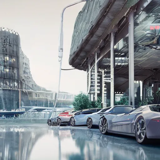 Image similar to parking several cars: center composition, distance 20 meters, motherboard forms designed by zaha hadid, sci-fi futuristic ultra realistic photography, keyshot render, octane render, unreal engine 5 lumen, high oiled liquid glossy specularity reflections, ultra detailed, golden hour, dramatic lighting 4k, 8k, 16k in the style ofblade runner 2049 Cyberpunk 2077 ghost in the shell thor 2 marvel film : tilt shift: sharp focus