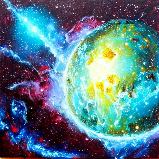 Image similar to highly detailed artwork, dyson sphere, deep cyan background nebula, acrylic painting