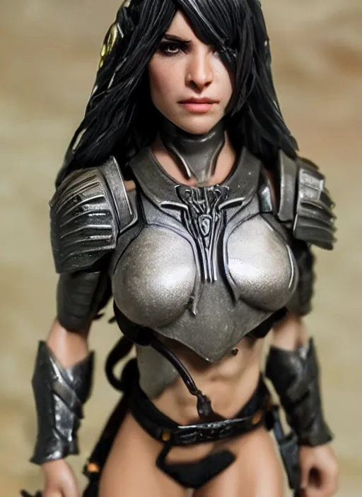 Prompt: 80mm resin detailed miniature of a beautiful muscular female, clothed in worrier armor, olive skin, long dark hair, beautiful bone structure, symmetrical facial features, Product Introduction Photos, 4K, Full body