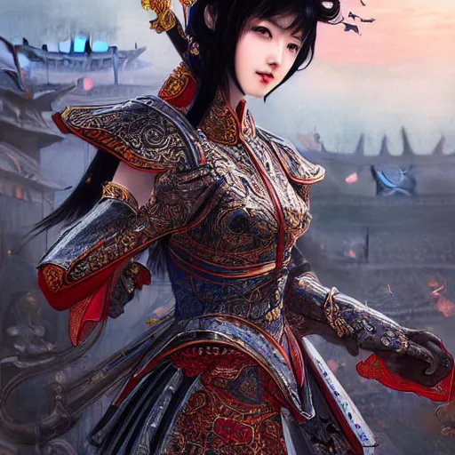 Image similar to portrait black hair young knights of Dynasty Warriors girl, metallic red armor, in ruin chinese temple rooftop sunset, ssci-fi and fantasy, intricate and very beautiful and elegant, highly detailed, digital painting, soft light, artstation, concept art, smooth and sharp focus, illustration, art by tian zi and WLOP and alphonse mucha