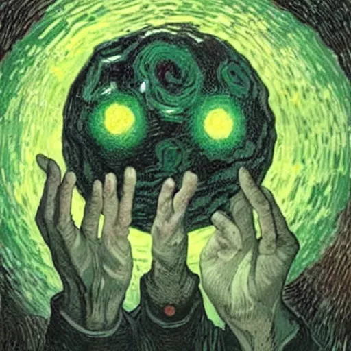 Image similar to h p lovecraft holding up an glowing orb of malice, it radiates dark, eldritch energy, detailed in the style of vincent van gogh