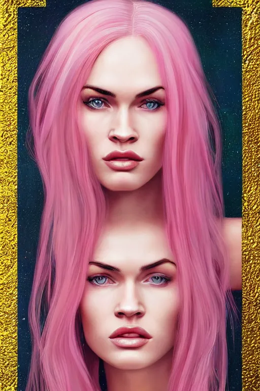 Prompt: Portrait of a beautiful pale skin Nordic female megan fox with long pink hair, elegant, photorealistic, highly detailed, artstation, smooth, sharp focus, gold ornaments, neon lighting, sci-fi, art by Klimt